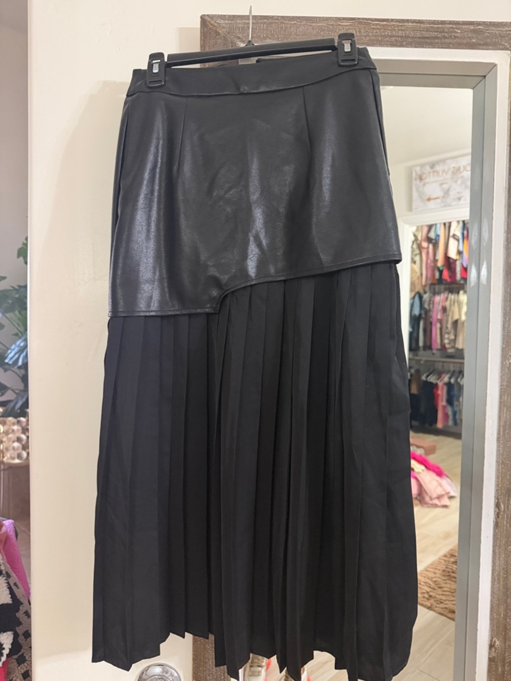 Commense Black Faux Leather Top & Pleated Midi Skirt
